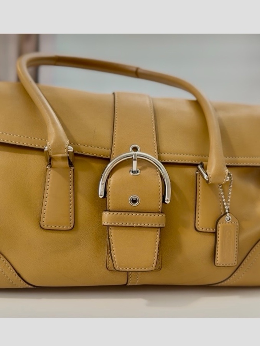 Coach Mustard Leather Satchel with Silver-Tone Buckle